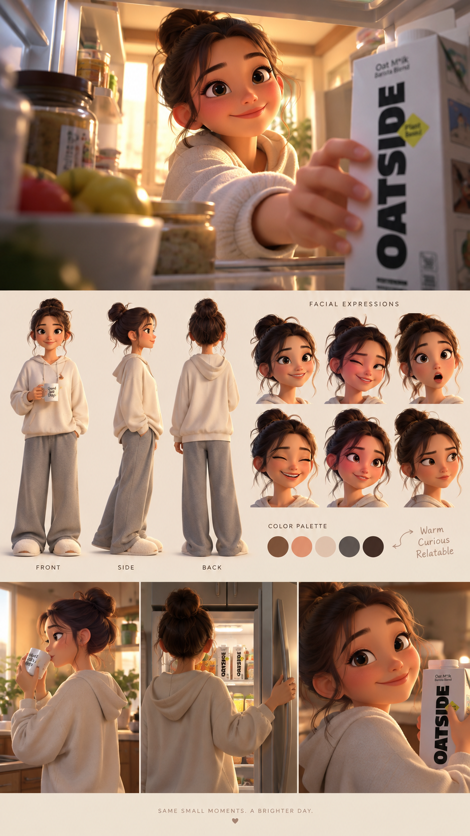 Animated OATSIDE concept character reaching into a fridge